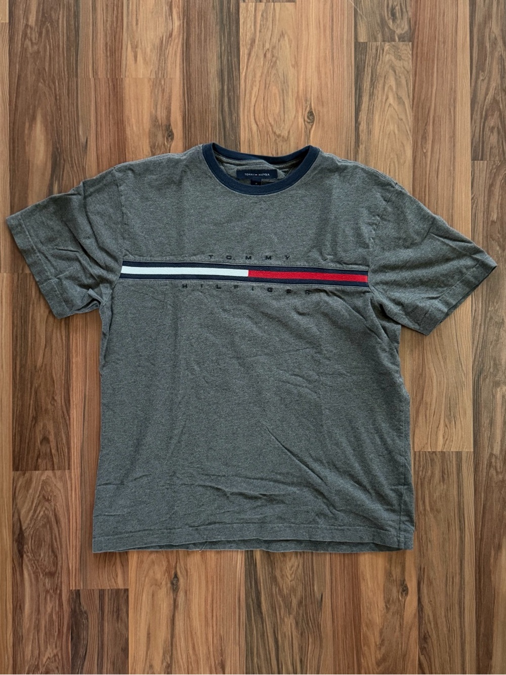 Tommy Hilfiger Gray Crew Neck Tee with Red, White & Navy Stripe